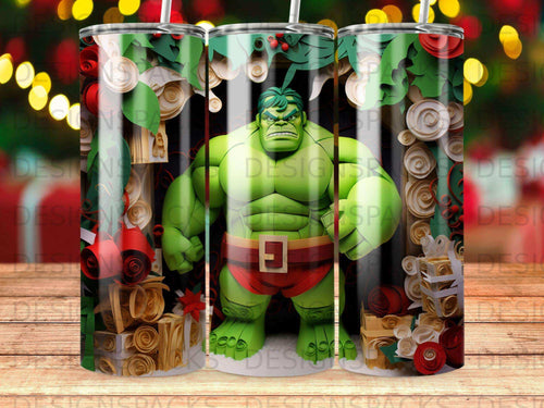 Hulk in a Santa hat surrounded by wrapped gifts and Christmas decorations.