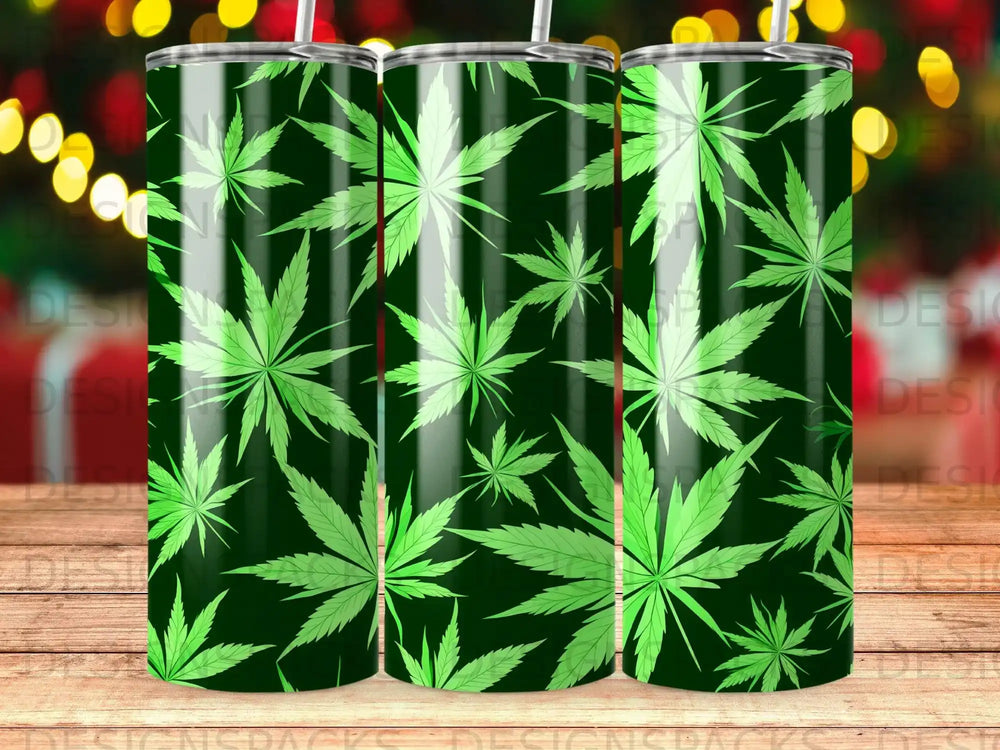 Green tumblers with repeating pattern of marijuana leaves.