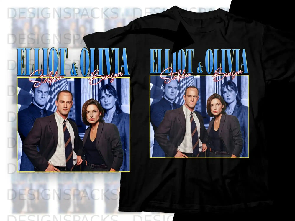 Elliot and Olivia Benson t-shirt with show title and character portrait.
