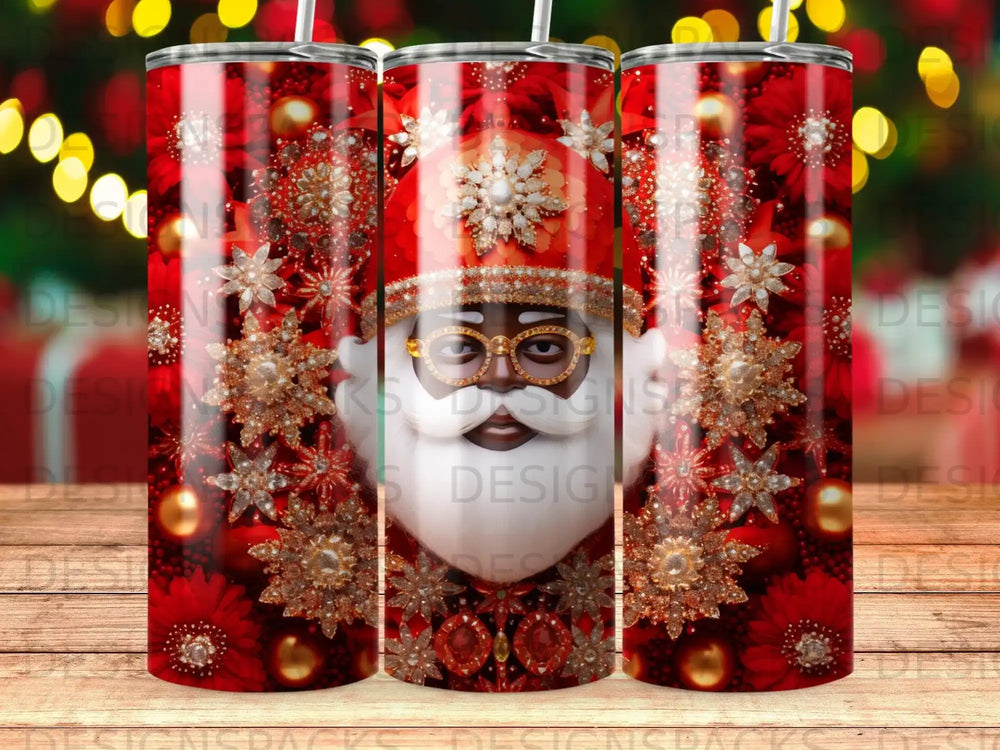 Santa Claus with gold glasses and snowflake ornaments on a red floral background.