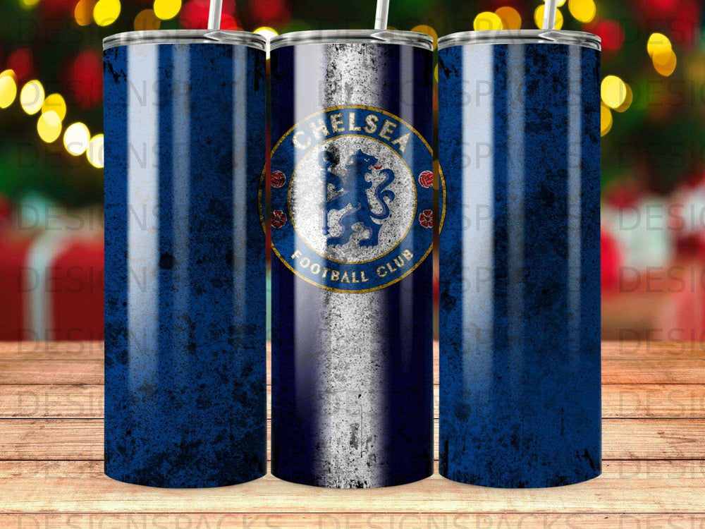 Chelsea Football Club logo on a distressed blue and white striped tumbler.
