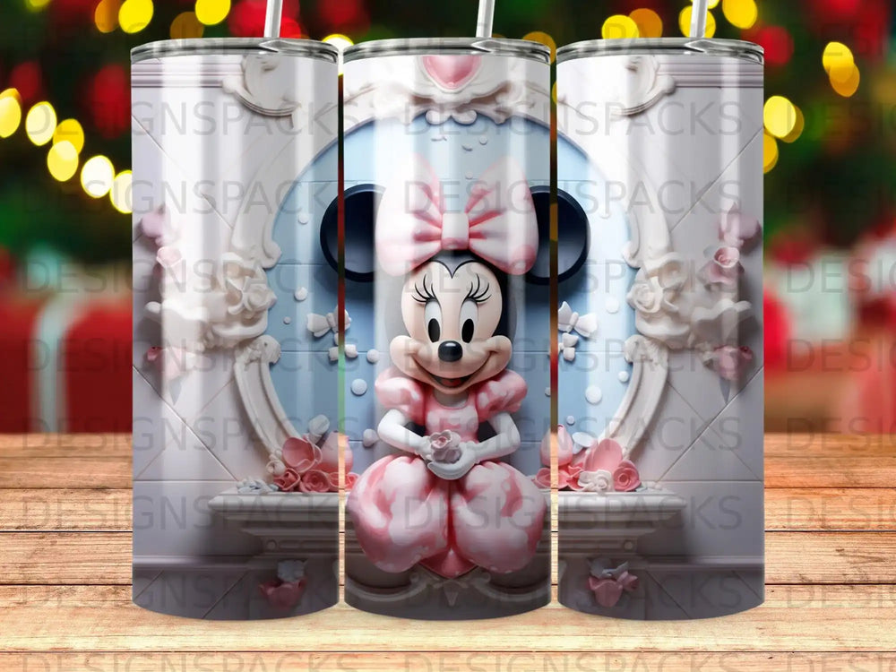 Minnie Mouse in a pink dress and bow sitting in a decorative frame.