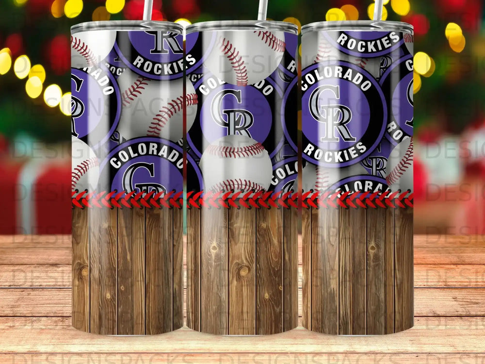 Three Colorado Rockies tumblers with baseball and wood grain design.