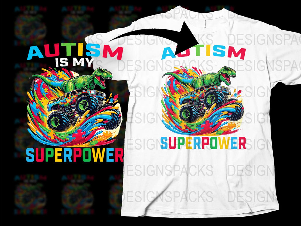 Autism Awareness T-Shirt, Colorful Dinosaur and Monster Truck Graphic, Autism Is My Superpower Tee, Unique Gift