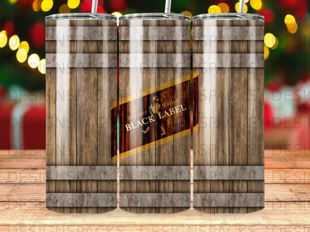 Johnnie Walker Black Label whiskey logo on a wooden barrel background.