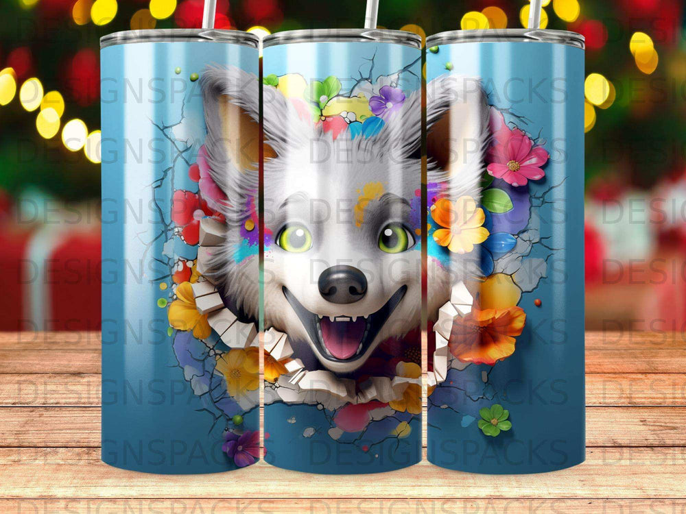Smiling white dog with colorful flowers and confetti bursting through blue background.