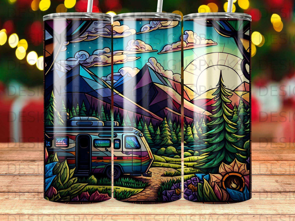 Rainbow camper van parked at campsite with mountain and sun backdrop.