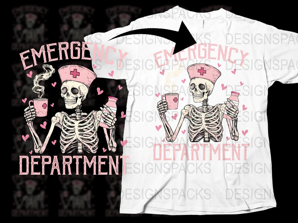 Emergency Department Nurse Skeleton T-Shirt, Funny Medical Staff Tee, Skull Coffee Mug Design, Healthcare Worker Gift