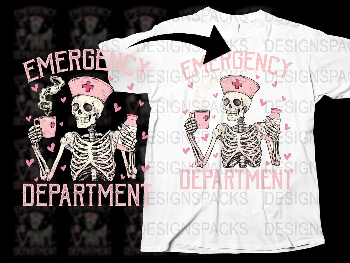 Emergency Department Nurse Skeleton T-Shirt, Funny Medical Staff Tee, Skull Coffee Mug Design, Healthcare Worker Gift
