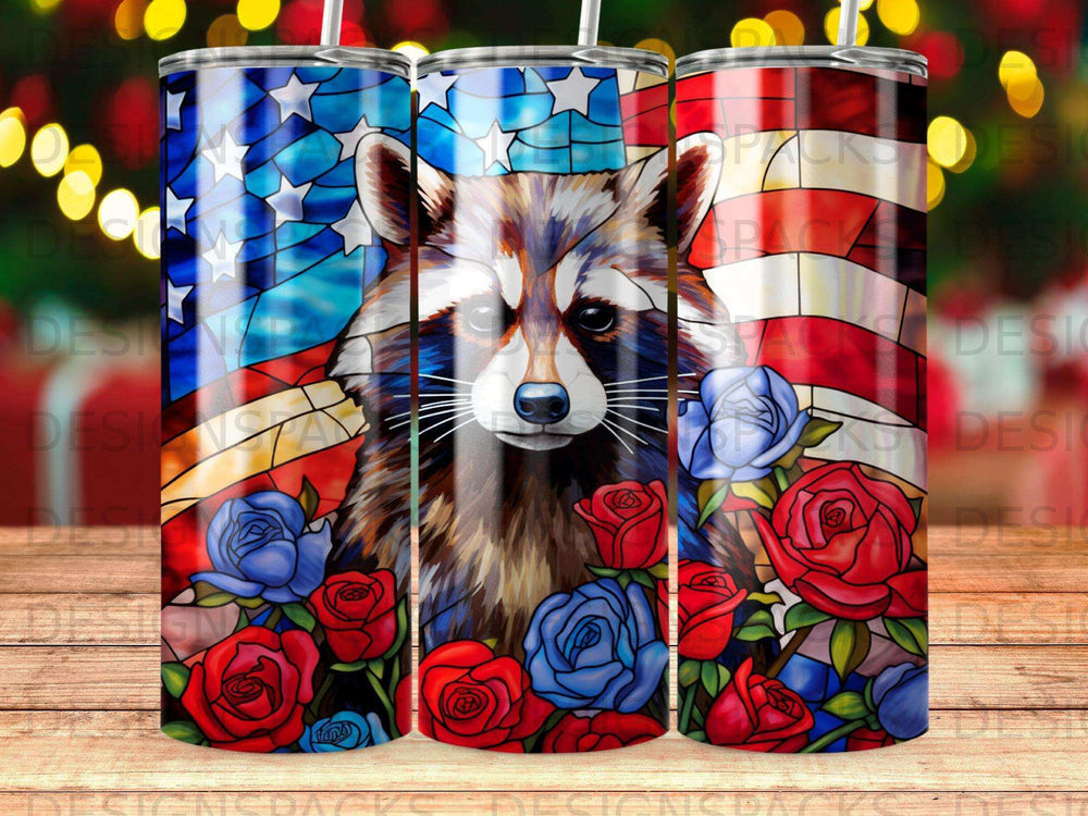Raccoon and roses superimposed on a distressed American flag.
