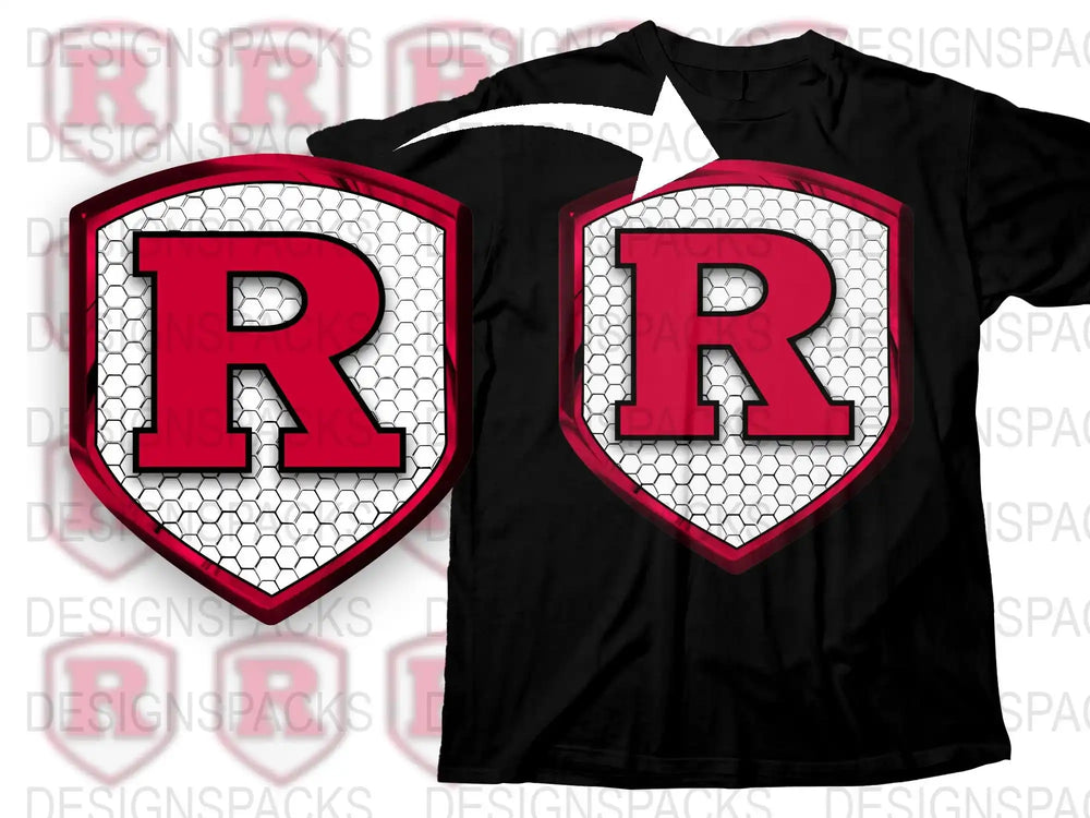 Custom Red R Shield Logo T-Shirt, Hexagon Pattern, Graphic Tee, Personalized Initials, Modern Style, Unisex Fashion