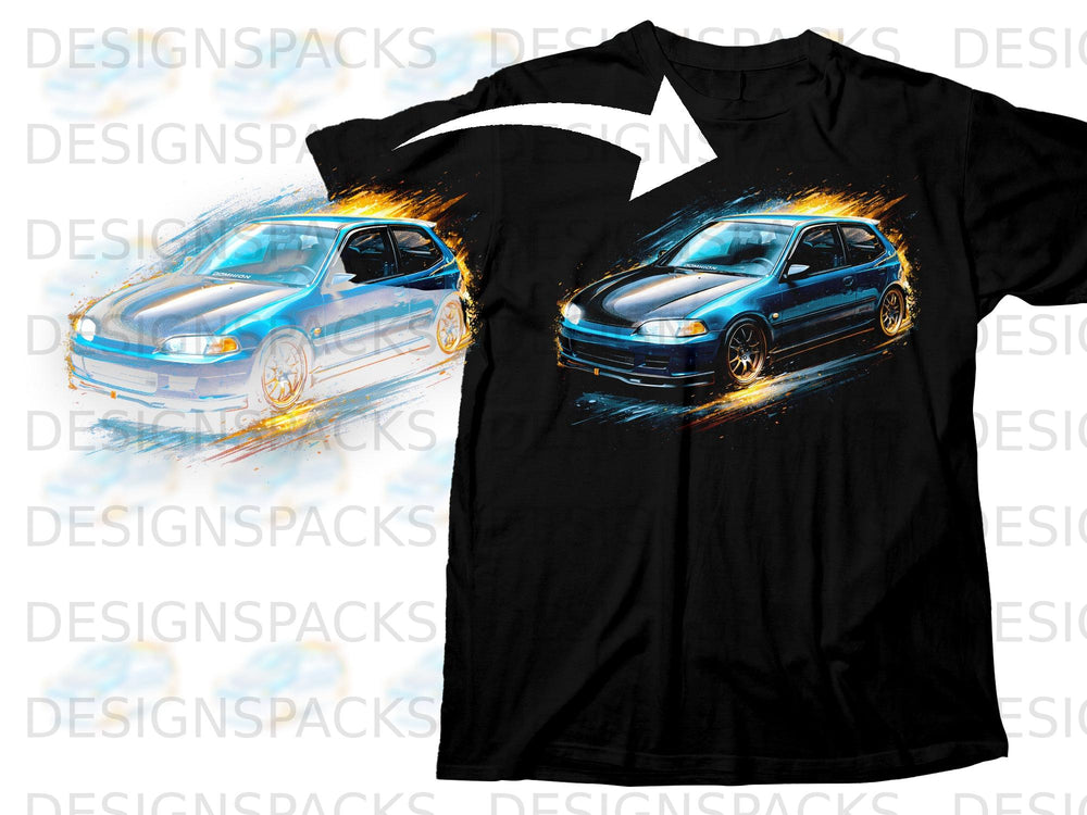 Black t-shirt with a blue Honda Civic graphic with flame accents.