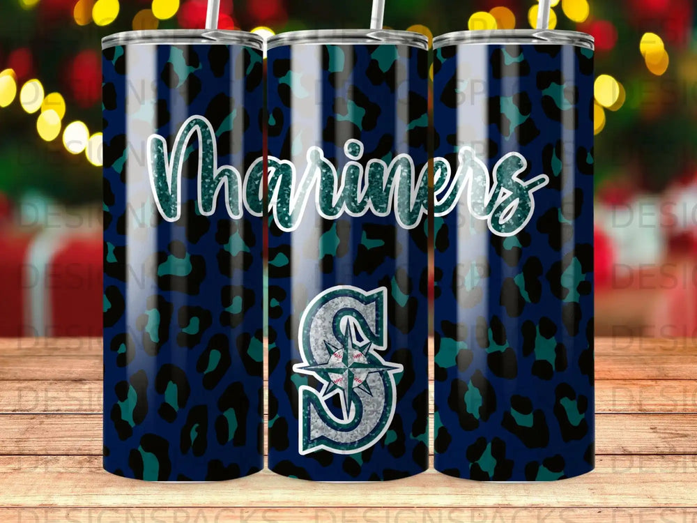 Seattle Mariners leopard print tumbler with team logo.