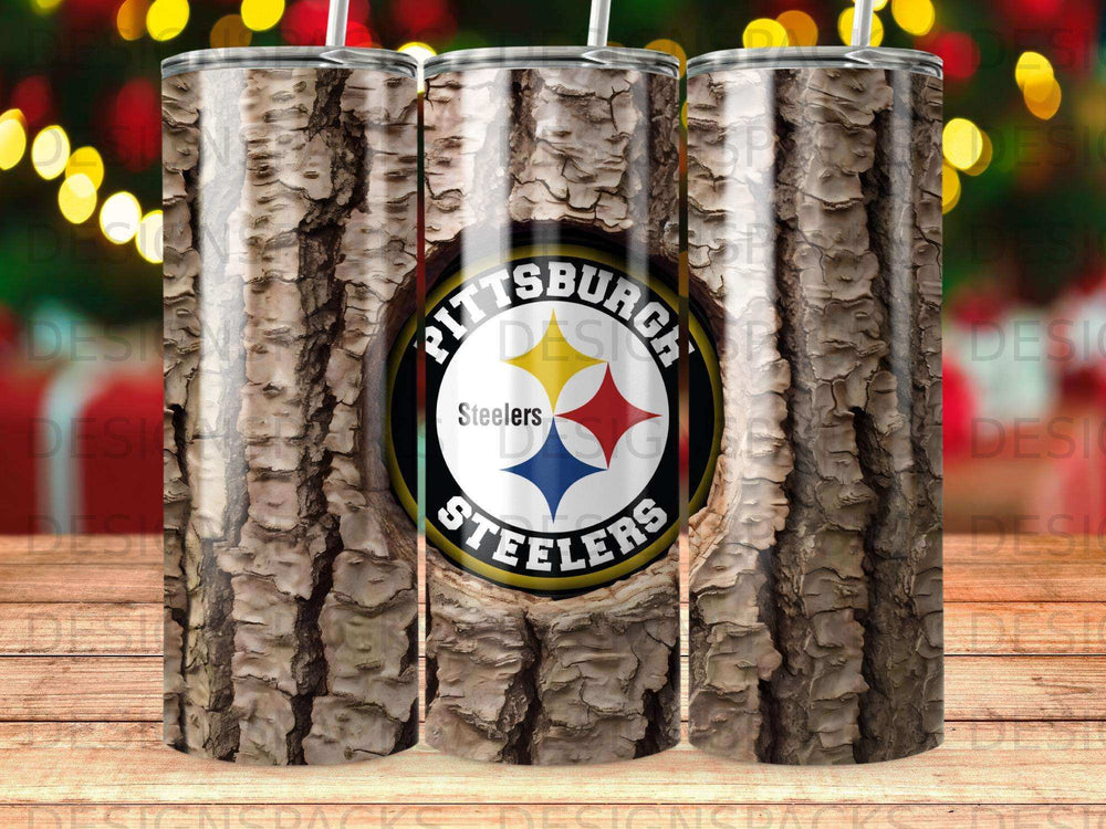 Pittsburgh Steelers logo on a wood-grain patterned tumbler with two straws.