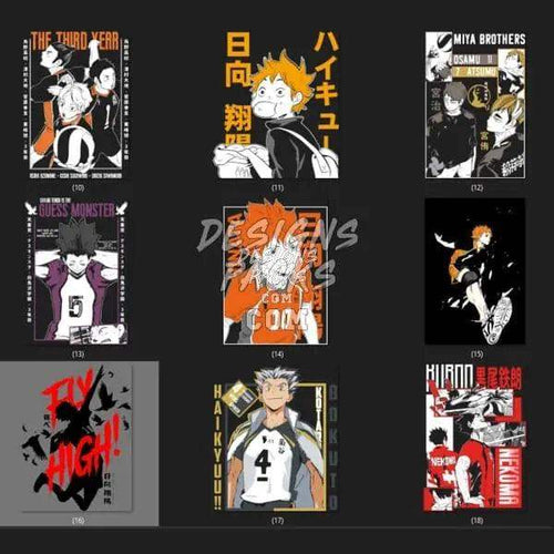 Anime volleyball designs for DTF, DTG, embroidery, and tumbler wraps, featuring Haikyuu!! characters.