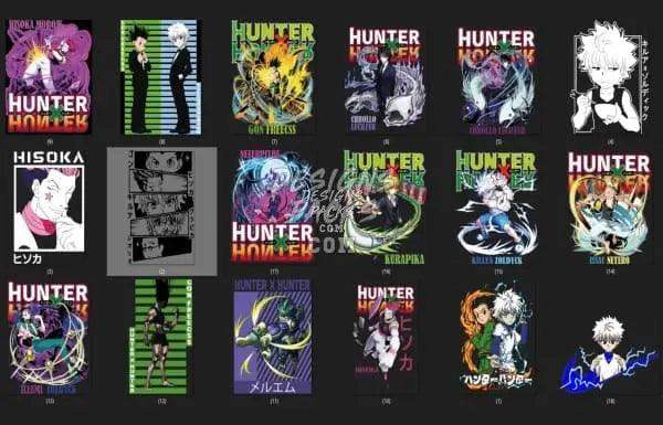Hunter x Hunter anime t-shirt designs, print-ready PNGs for DTF/DTG, featuring characters like Killua and Kurapika.