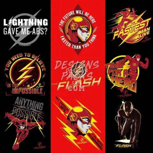The Flash superhero designs for t-shirts, DTF, DTG, and embroidery with bold text and lightning graphics