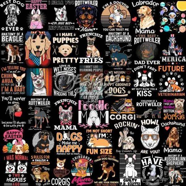 Dog-themed designs for DTF, DTG, embroidery, and tumbler wraps with playful quotes and breeds