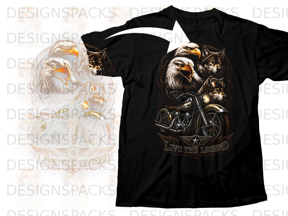 Black t-shirt with graphic of eagles, wolves, and motorcycle, text "LIVE THE LEGEND".