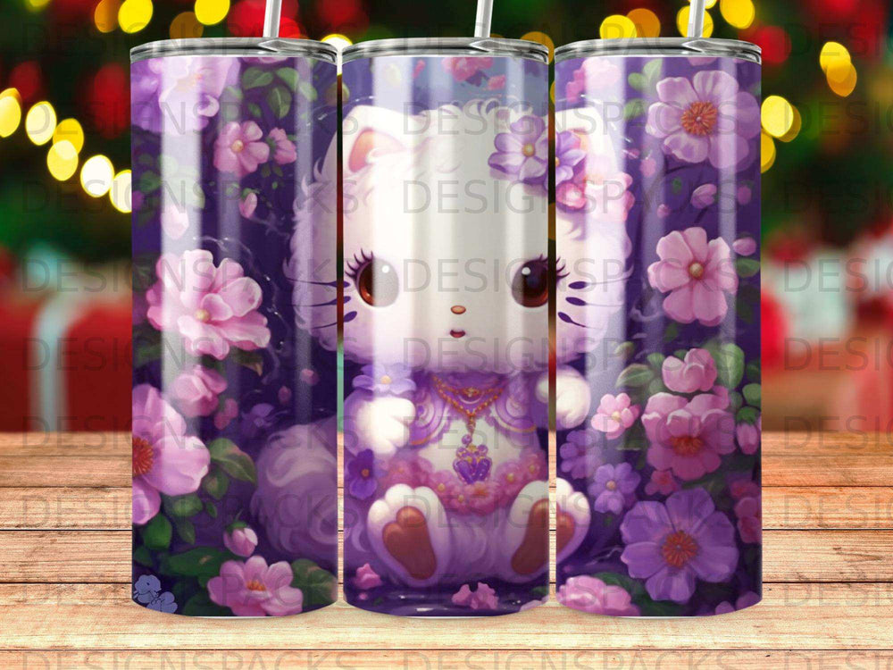 White cat wearing a sparkly pendant, surrounded by purple flowers.