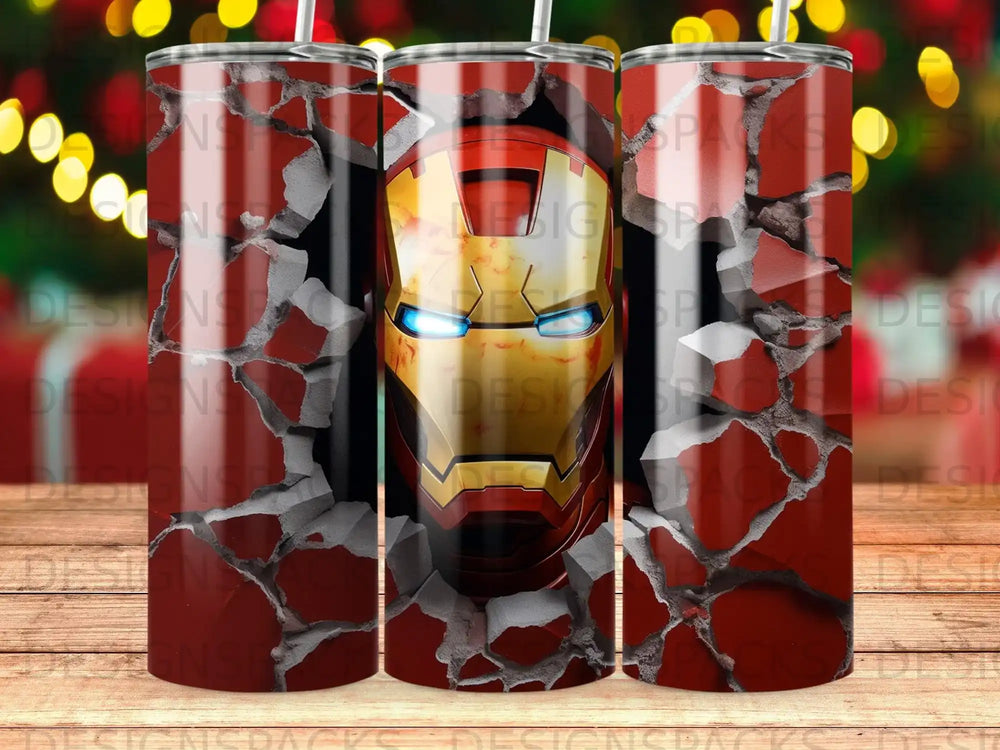 Iron Man mask breaking through cracked red surface.