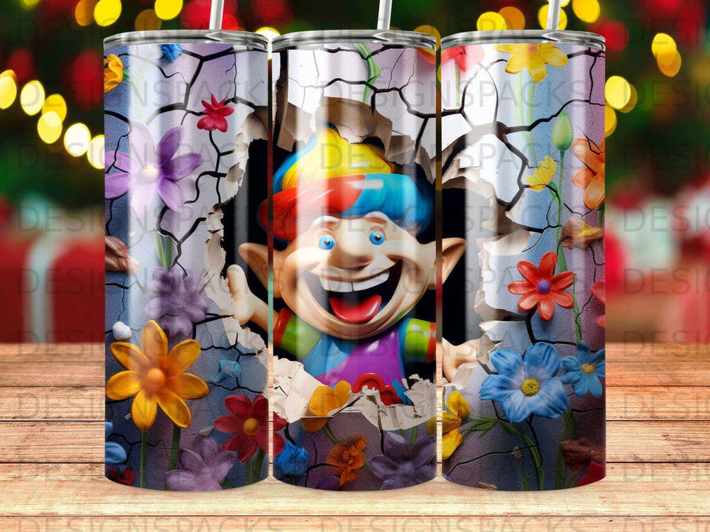 Smiling cartoon elf emerging from a cracked wall with colorful flowers.