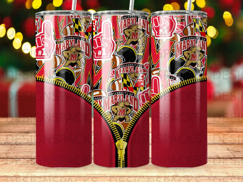 University of Maryland logo and "M" with zipper design on a tumbler.