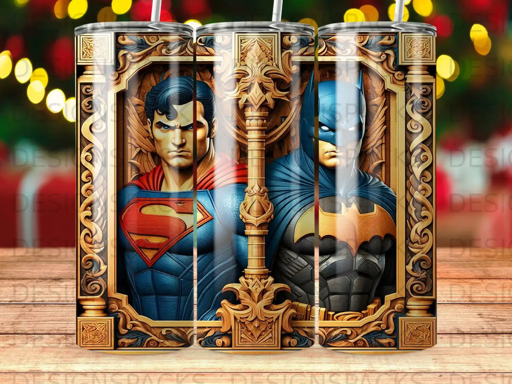 Superman and Batman art on a tumbler with ornate gold frame.