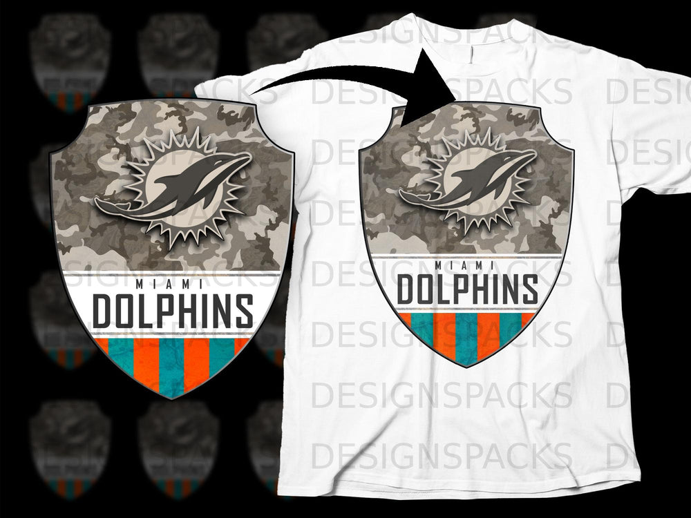 Miami Dolphins shield logo with camouflage background and orange and teal stripes.