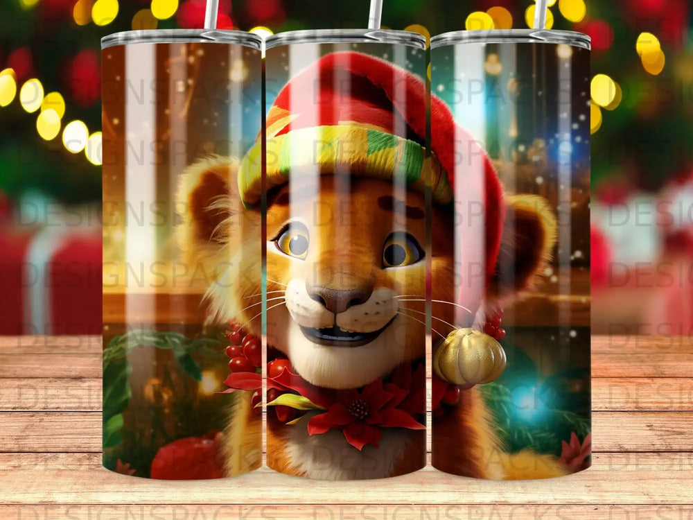 Lion cub in Santa hat with holiday decorations, front and center.