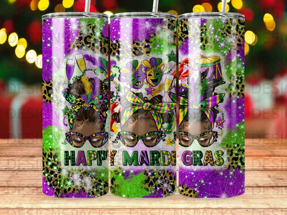 Tumbler with Happy Mardi Gras text, leopard print, and colorful masks.
