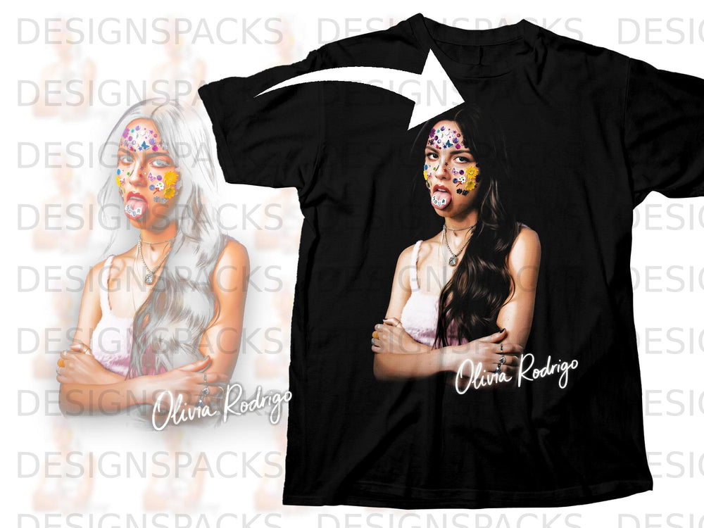Black t-shirt with Olivia Rodrigo and "Sour" text graphic on chest.