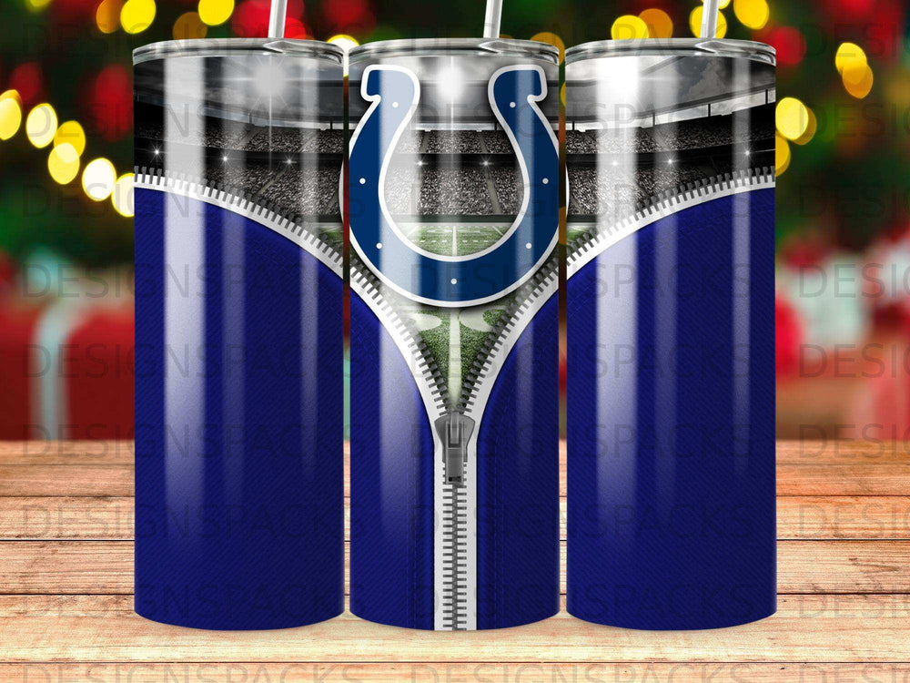 Indianapolis Colts logo on a blue zipper tumbler with stadium background.