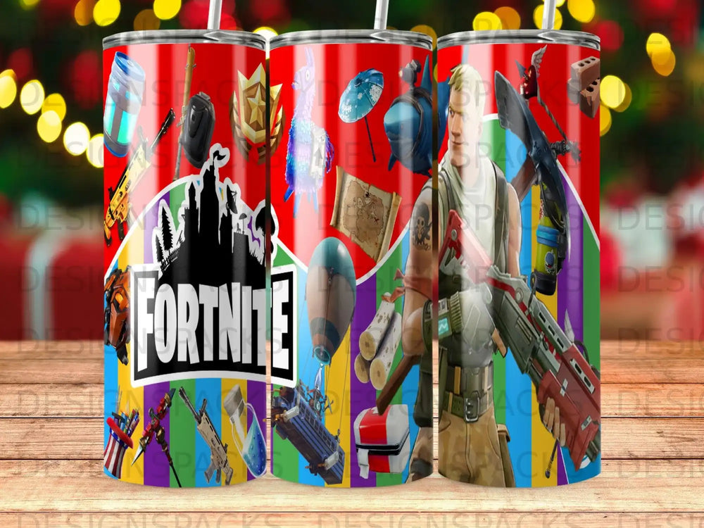 Fortnite characters and items montage on a cylindrical thermos.