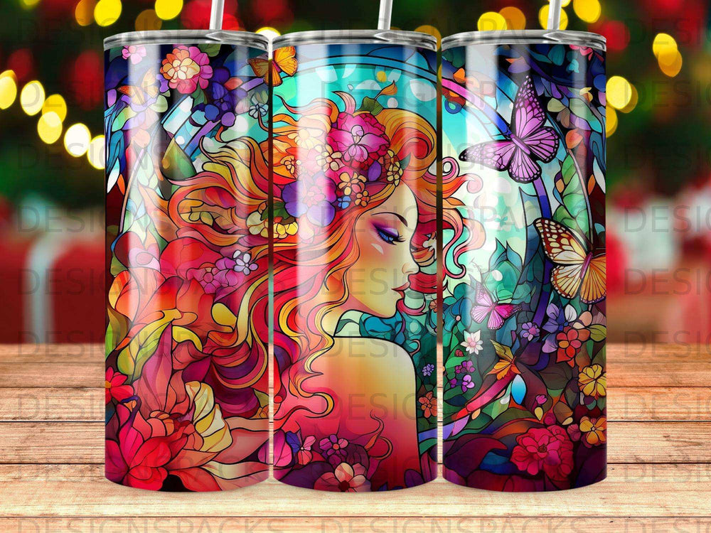 Stained glass design featuring a woman with flowing floral hair and butterflies.
