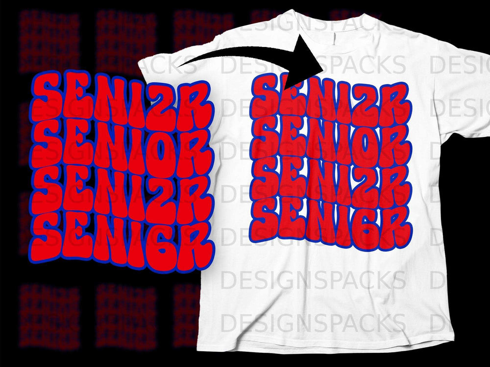 White t-shirt with "SENIOR" repeated in red bubble letters with blue outlines.