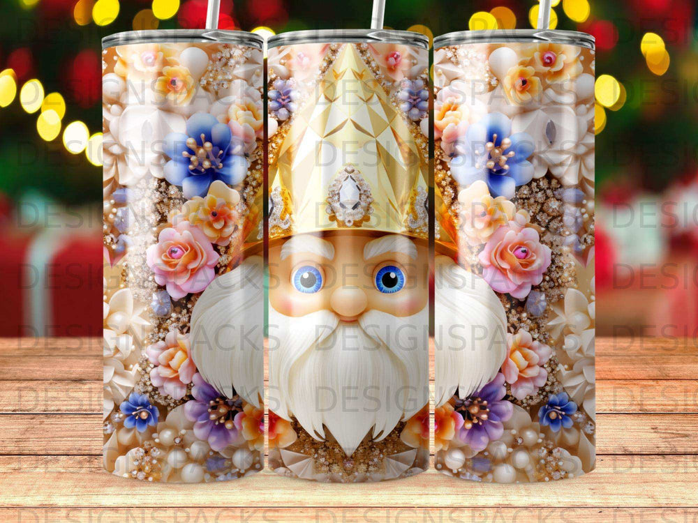 Santa Claus with white beard and festive floral crown.