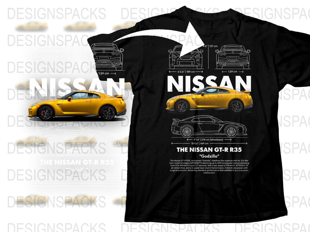 Nissan GTR R35 T-Shirt, Godzilla Graphic Tee, Car Enthusiast Gift, Men's Automotive Fashion, Yellow Black Design