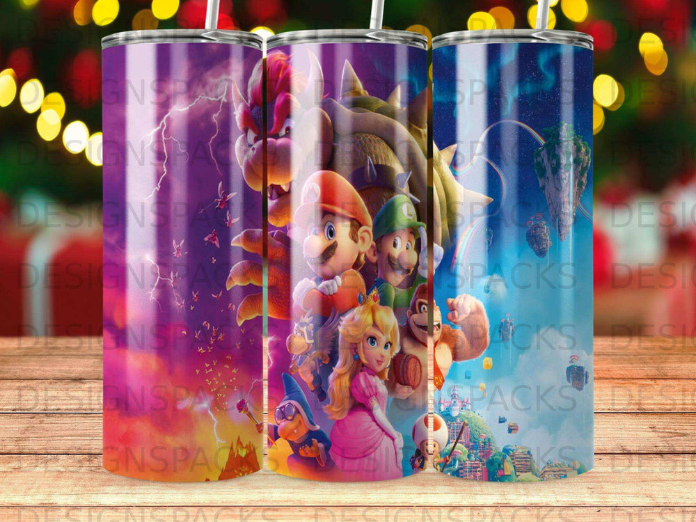Mario and friends characters on three tumblers, one showing a castle scene.