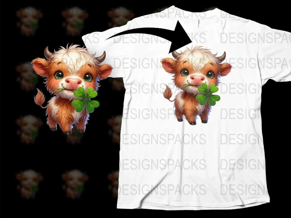 Cute Highland Cow T-Shirt with Clover, Kawaii Animal Graphic Tee, Unisex Kids and Adult Size Shirt