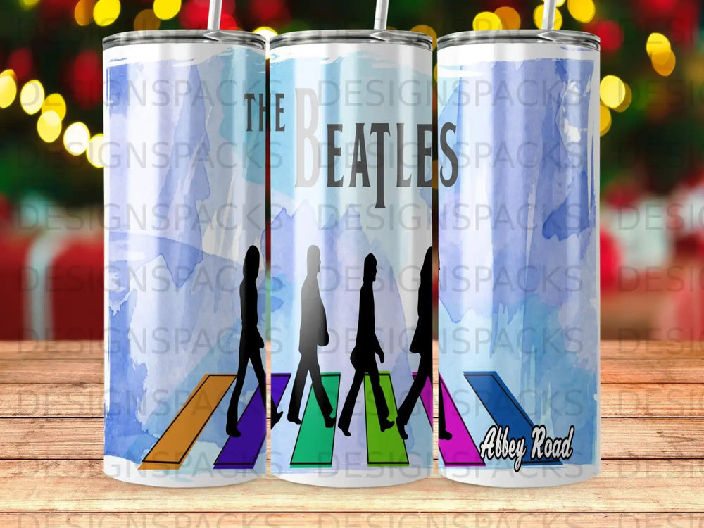 The Beatles walking on Abbey Road, with "The Beatles" text.