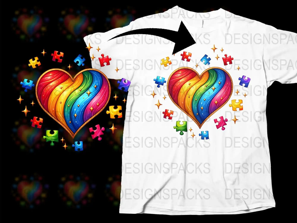 Colorful Puzzle Heart T-Shirt, Autism Awareness, Rainbow Heart Tee, Vibrant Jigsaw Puzzle Print Shirt, Unisex Graphic Tee for All Ages