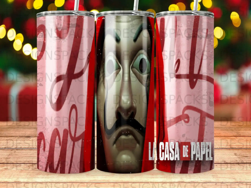 La Casa de Papel character with red Dali mask on patterned tumbler.