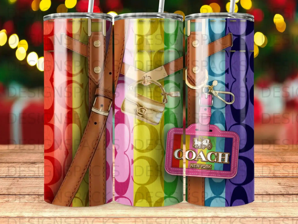 Coach handbag print on tumbler with pastel rainbow stripes.