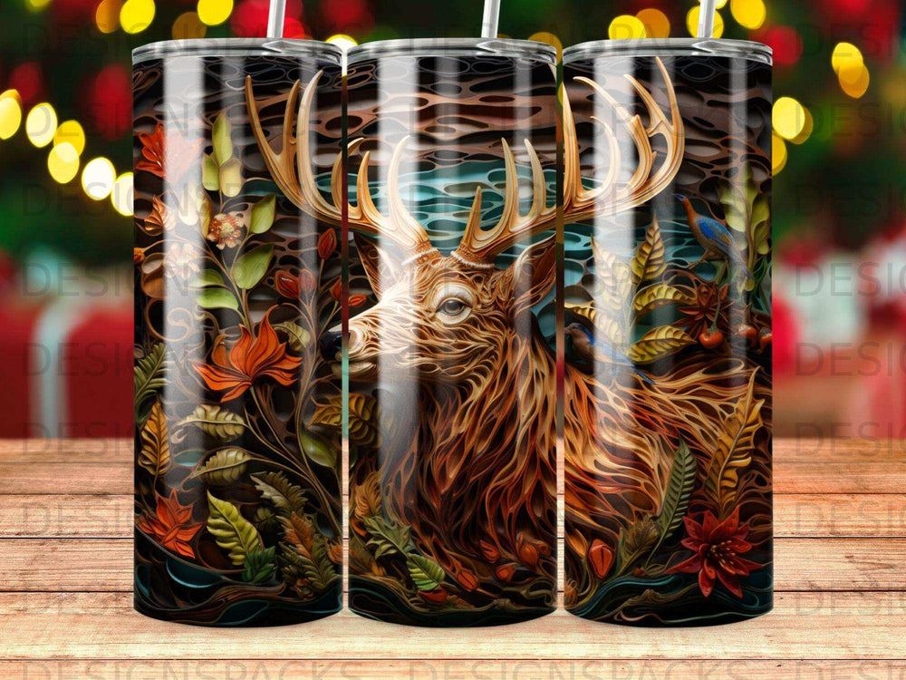 Deer in forest with abstract colorful patterns, on a tumbler.