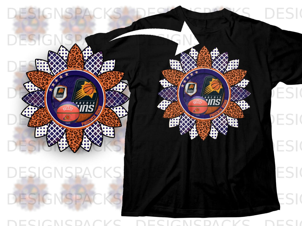 Phoenix Suns basketball logo and leopard print in a sunflower design on a black t-shirt.