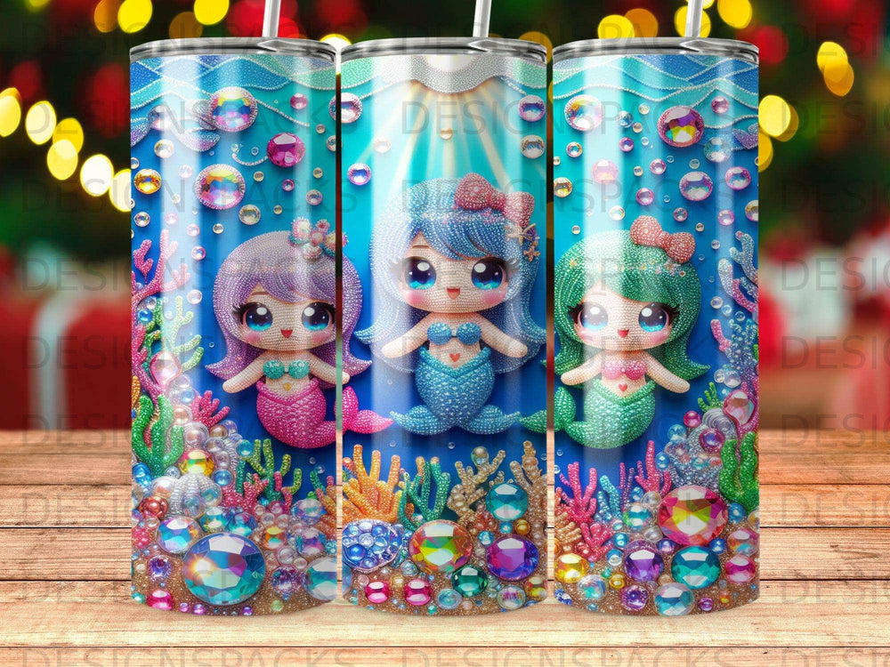 Three cartoon mermaids with tails, surrounded by colorful underwater gems and bubbles.