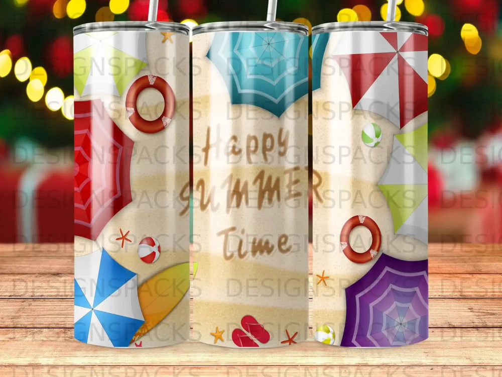 Three tumblers with a beach theme, featuring "Happy Summer Time" text.