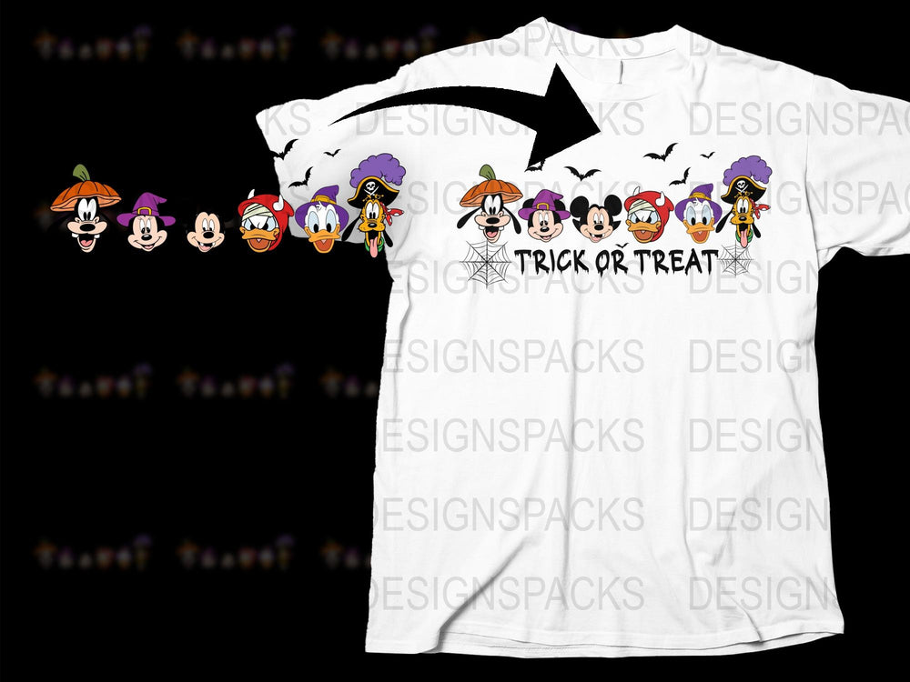 Halloween Themed T-Shirt with Cute Cartoon Witches, Ghosts, and Pumpkins, Trick or Treat Kids Tee