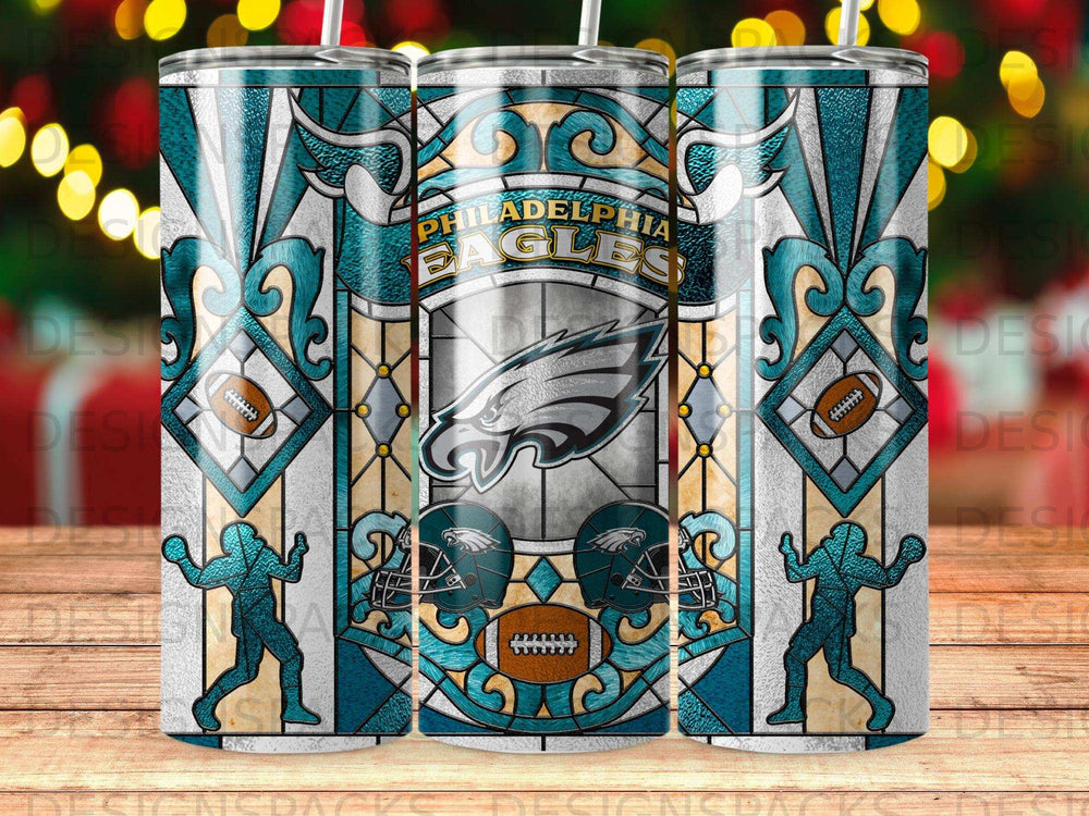 Philadelphia Eagles logo and helmets on stained glass pattern tumbler.